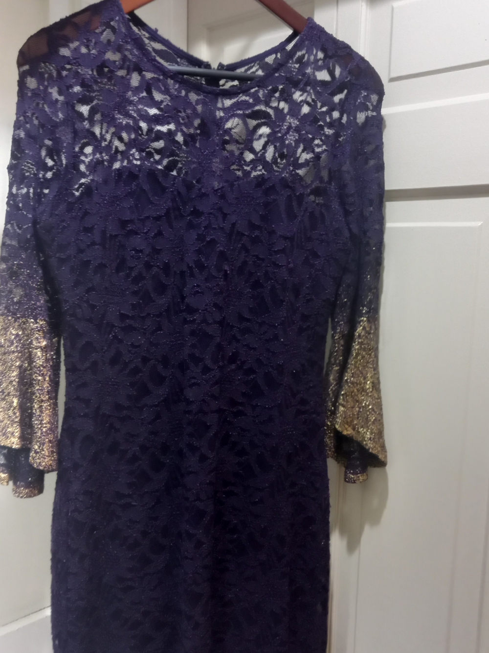 MARINA Purple Lace Dress with Gold Sparkle Sleeves